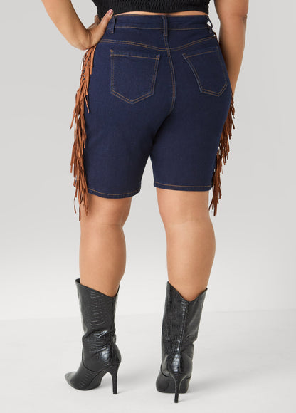 Ashley Stewart Fringed Denim Shorts Dk Wash