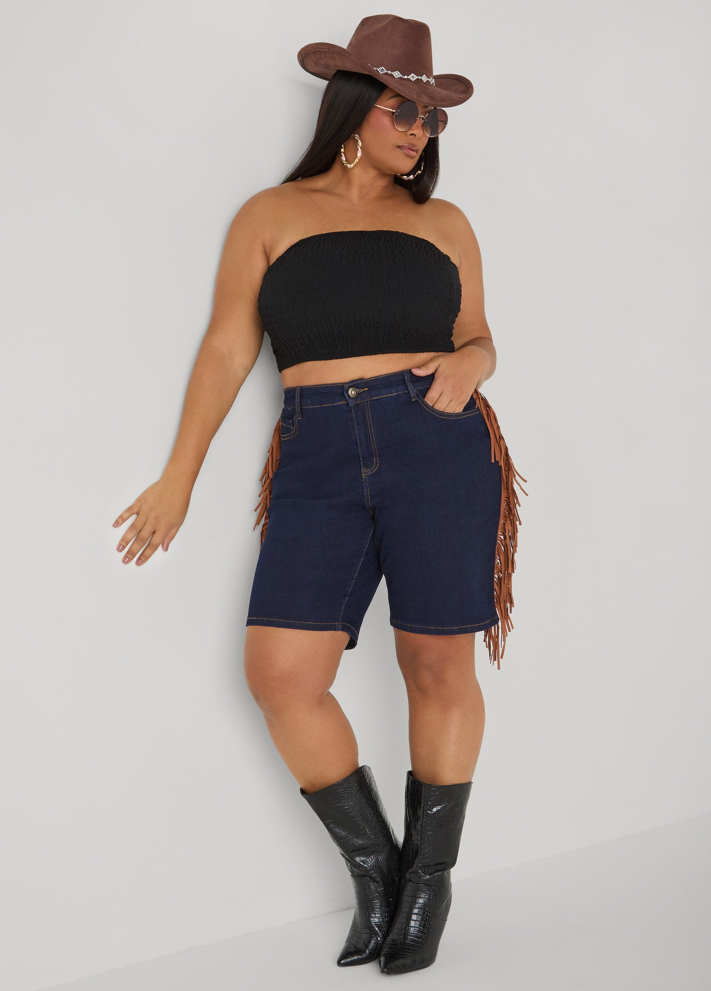 Ashley Stewart Fringed Denim Shorts Dk Wash