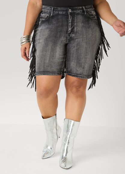 Ashley Stewart Fringed Denim Shorts Dk Wash