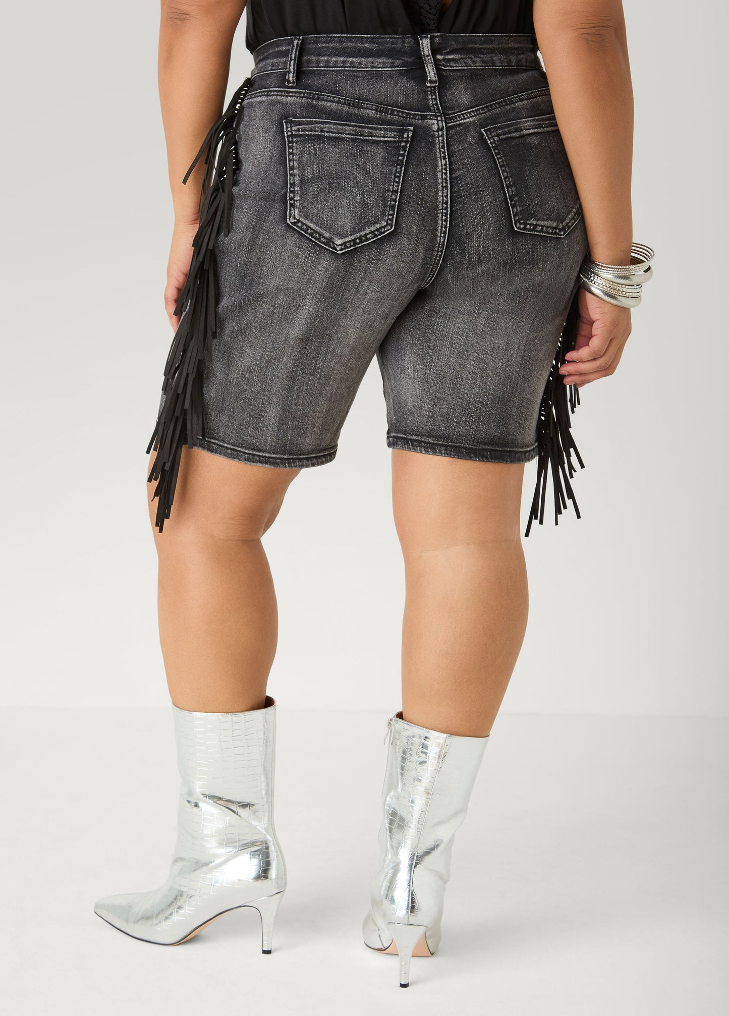 Ashley Stewart Fringed Denim Shorts Dk Wash