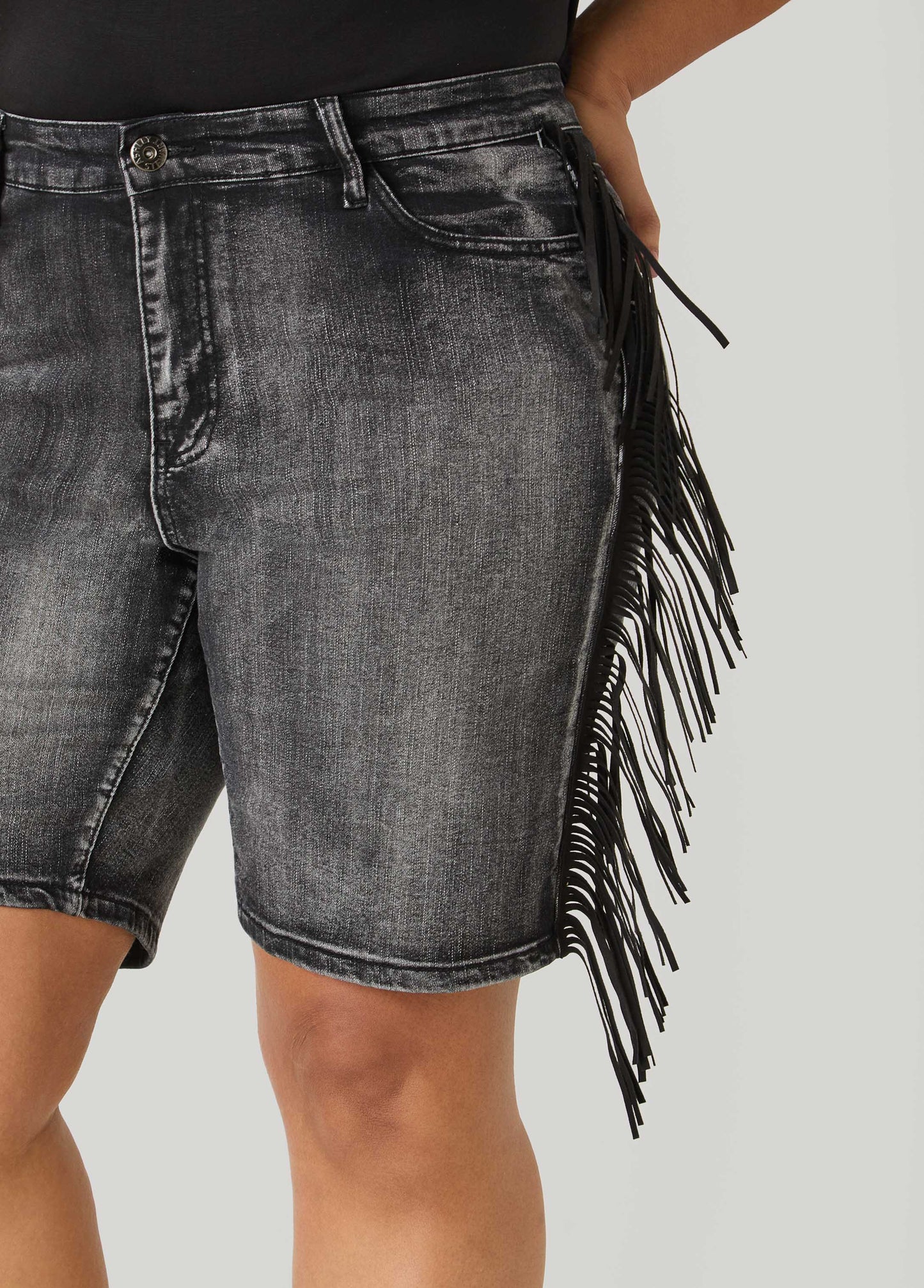 Ashley Stewart Fringed Denim Shorts Dk Wash