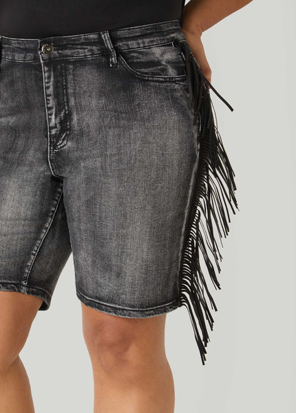 Ashley Stewart Fringed Denim Shorts Dk Wash
