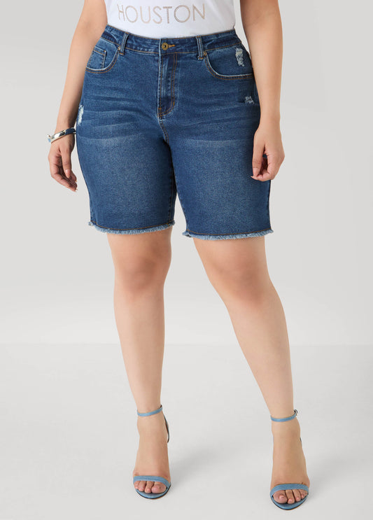 Ashley Stewart Fearless Distressed High Waist Denim Shorts Indigo