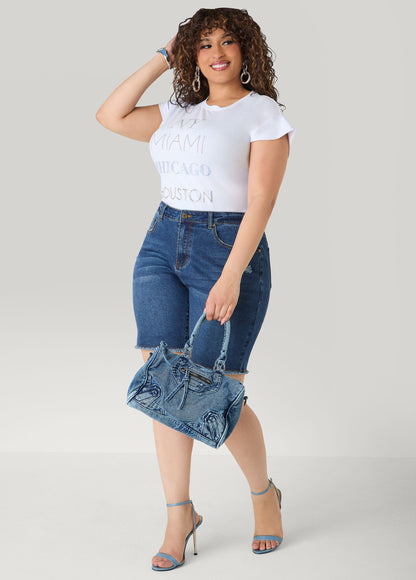 Ashley Stewart Fearless Distressed High Waist Denim Shorts Indigo