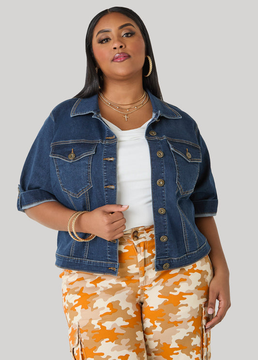 Ashley Stewart Cuffed Denim Jacket Dk Rinse