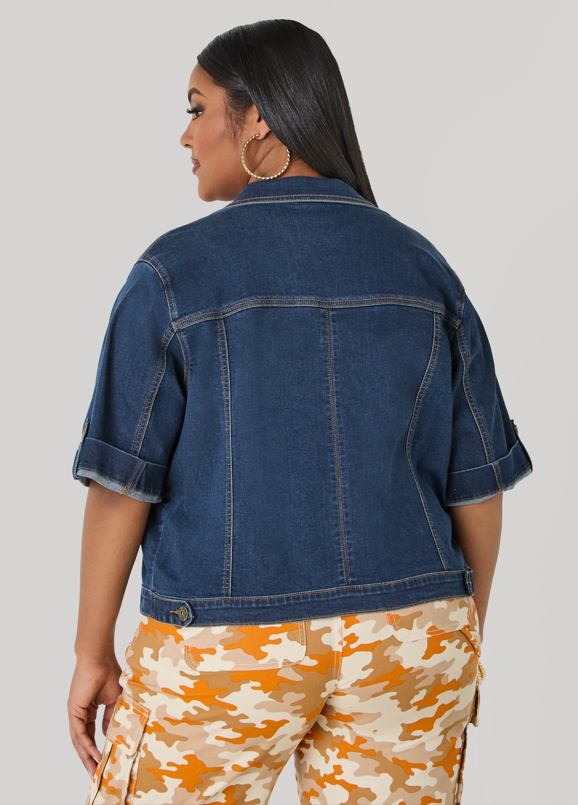 Ashley Stewart Cuffed Denim Jacket Dk Rinse
