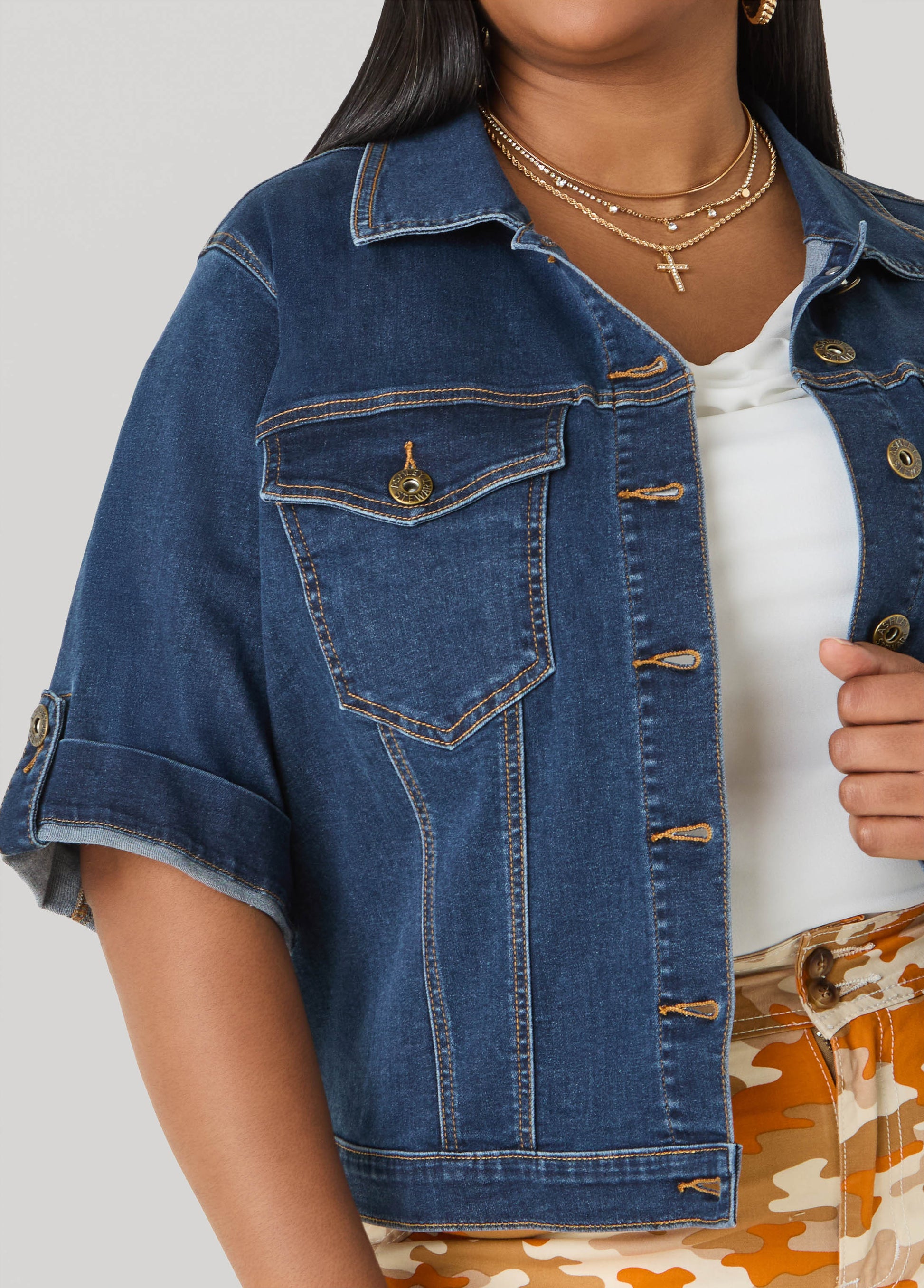 Ashley Stewart Cuffed Denim Jacket Dk Rinse