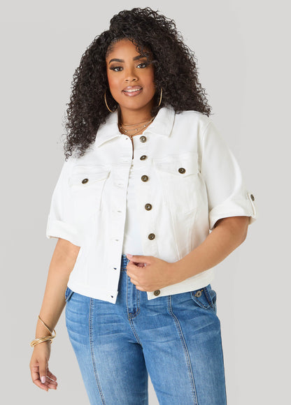 Ashley Stewart Cuffed Denim Jacket Dk Rinse