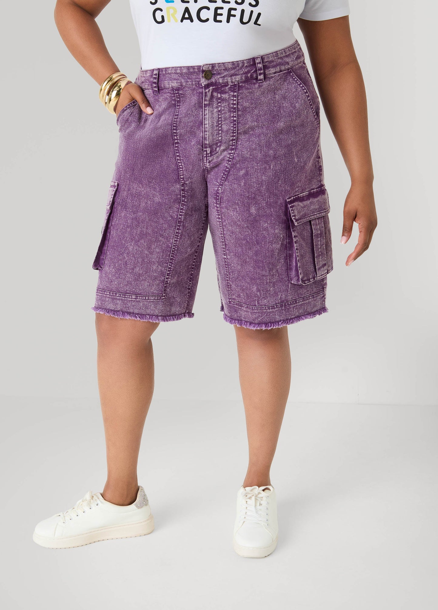 Ashley Stewart Stonewash Cargo Bermuda Shorts Pansy