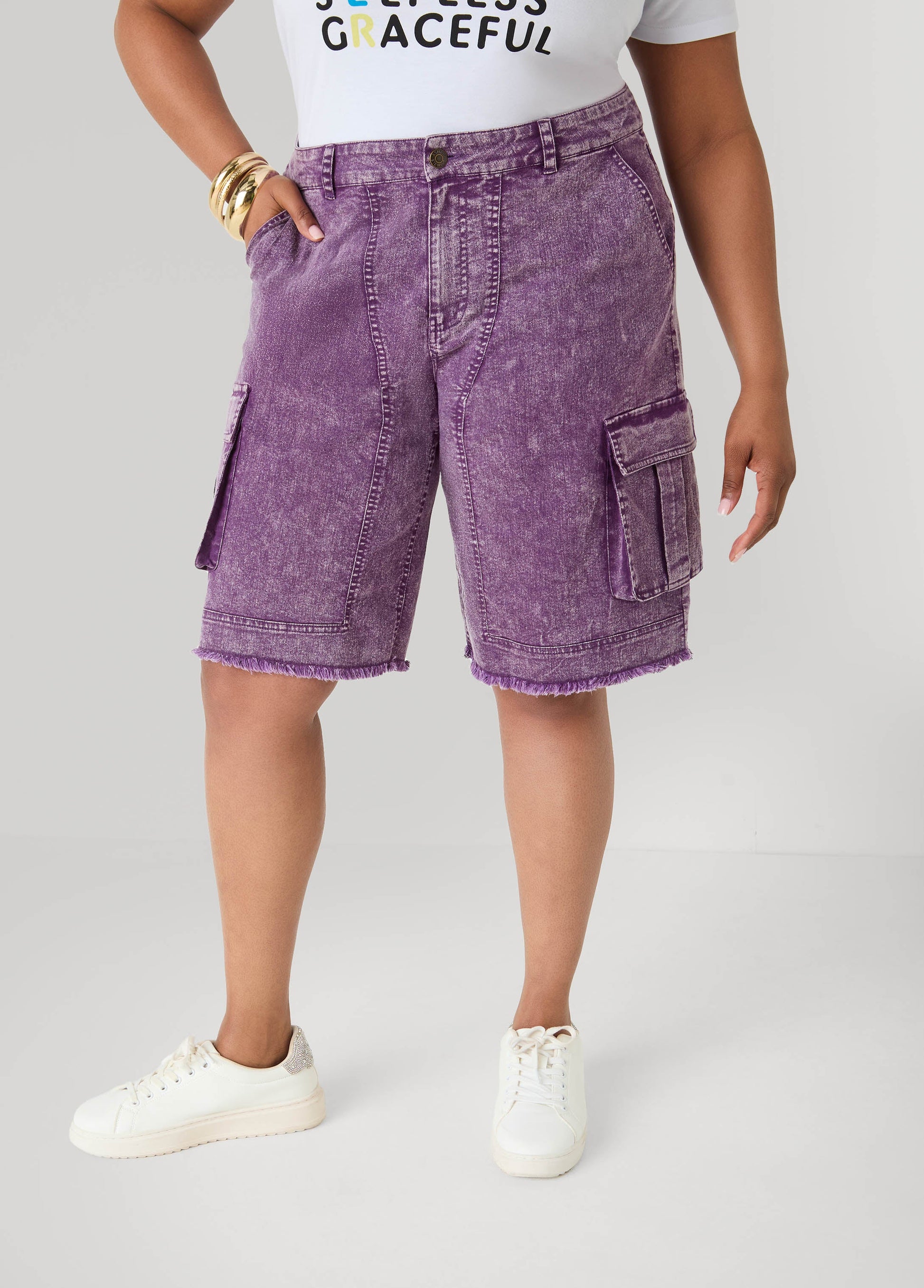 Ashley Stewart Stonewash Cargo Bermuda Shorts Pansy