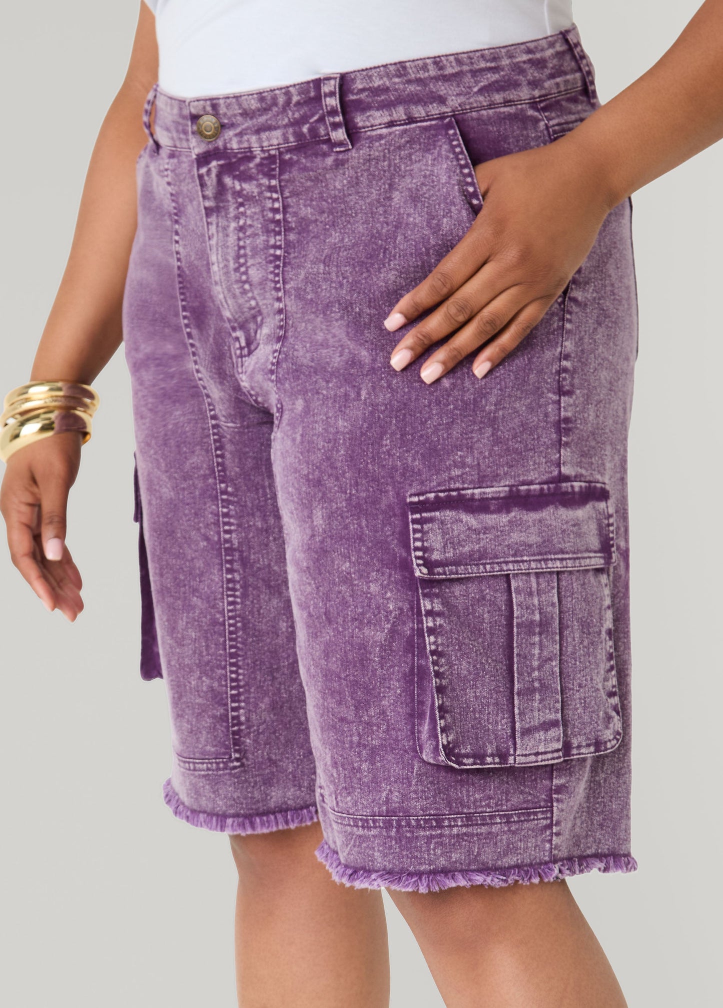 Ashley Stewart Stonewash Cargo Bermuda Shorts Pansy
