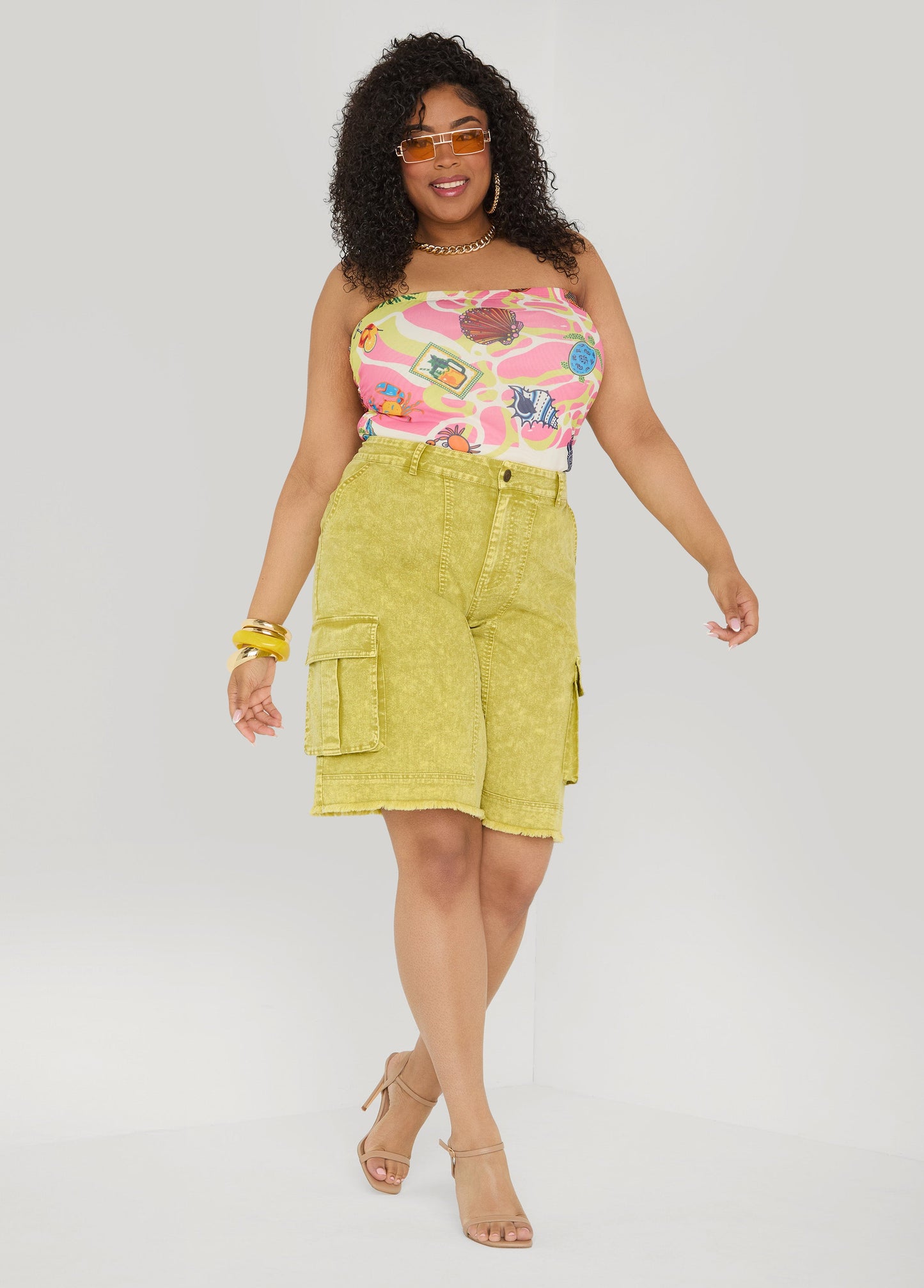 Ashley Stewart Stonewash Cargo Bermuda Shorts Pansy