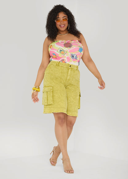 Ashley Stewart Stonewash Cargo Bermuda Shorts Pansy