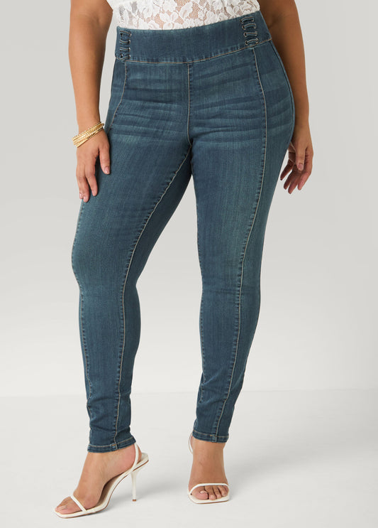 Ashley Stewart Pintucked Lace Up Jeans Dk Rinse