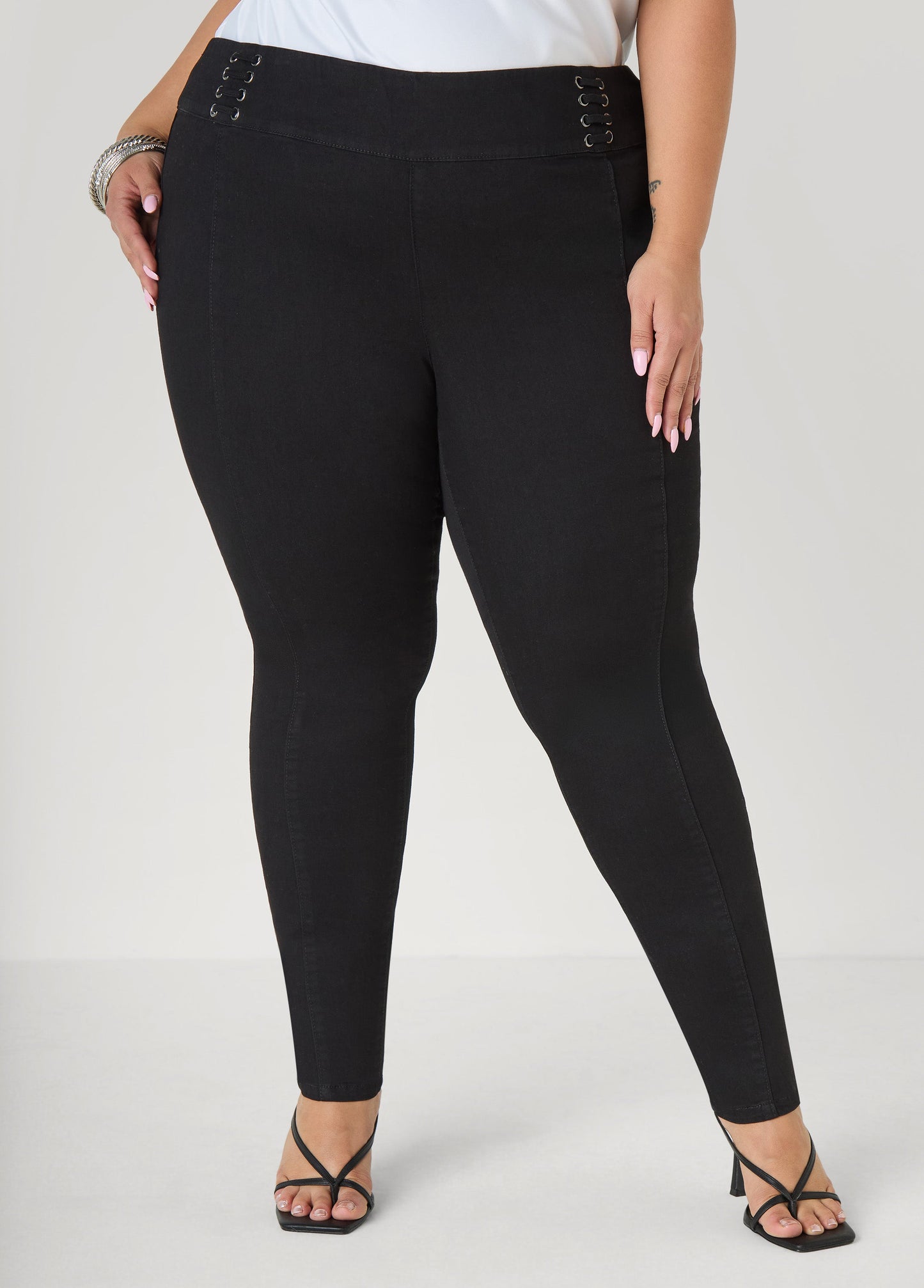 Ashley Stewart Pintucked Lace Up Jeans Dk Rinse
