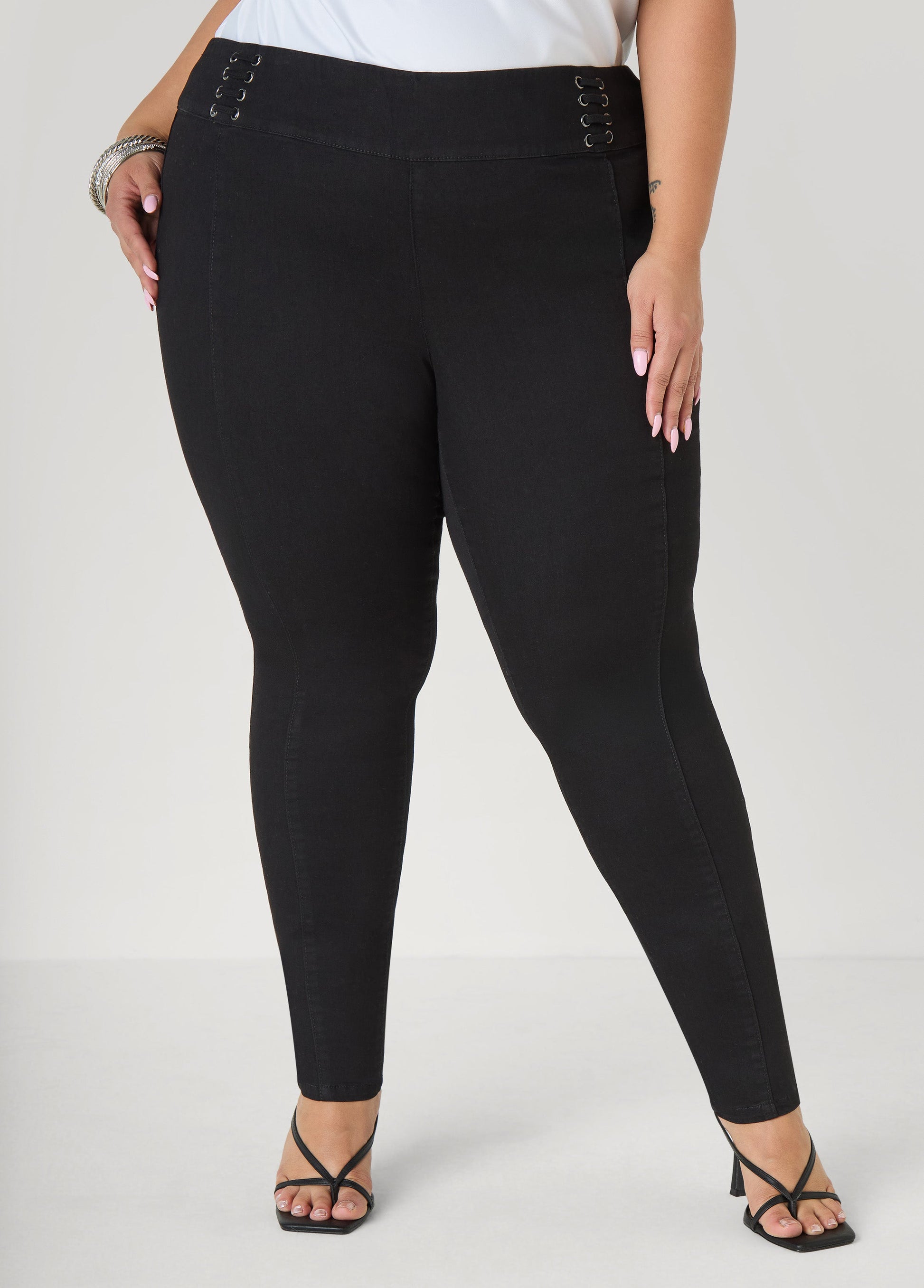 Ashley Stewart Pintucked Lace Up Jeans Dk Rinse