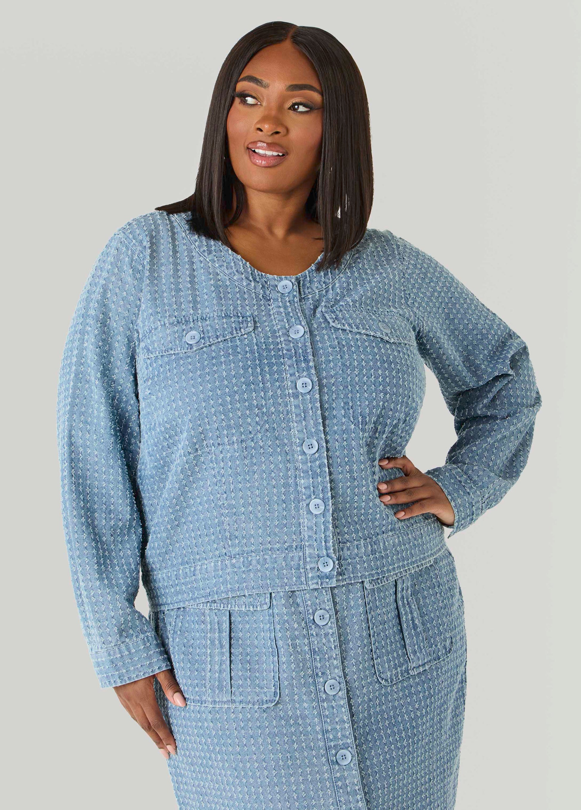 Ashley Stewart Textured Denim Jacket Med Sky Blue