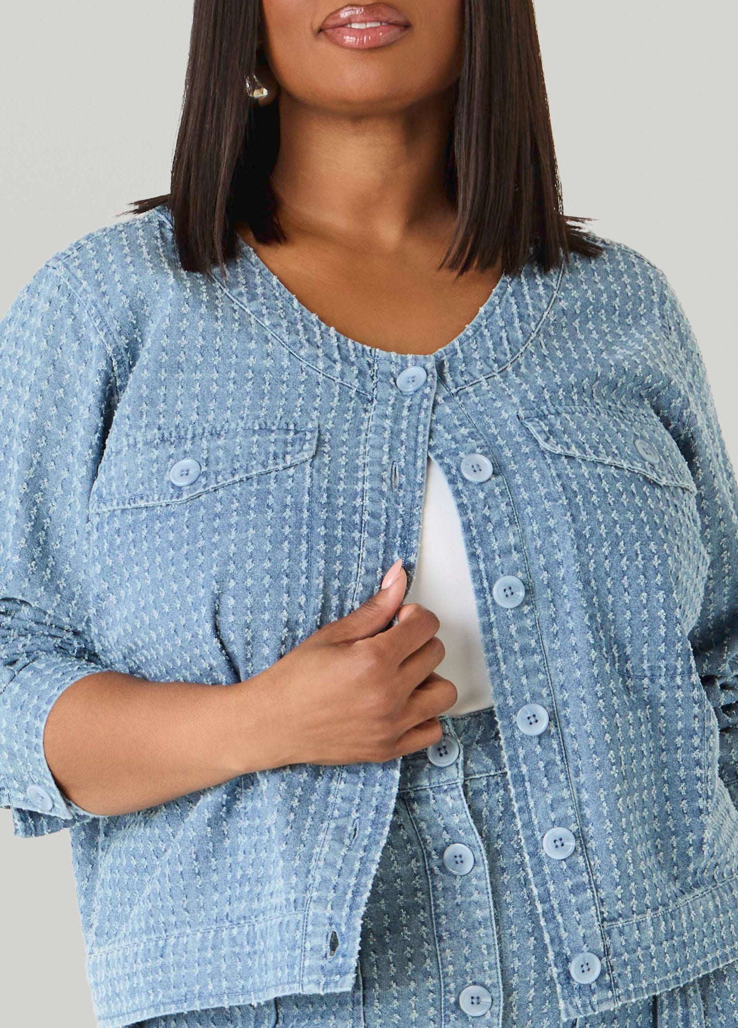 Ashley Stewart Textured Denim Jacket Med Sky Blue