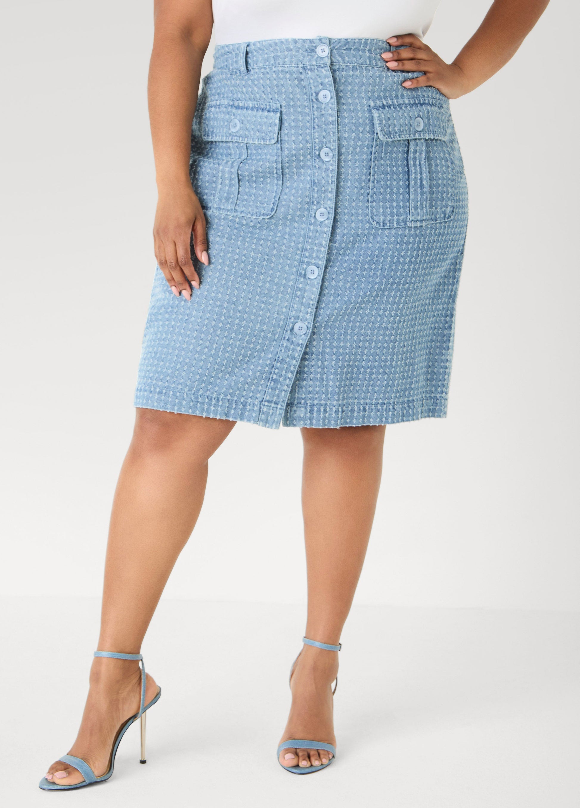 Ashley Stewart Textured Denim Cargo Skirt Med Sky Blue