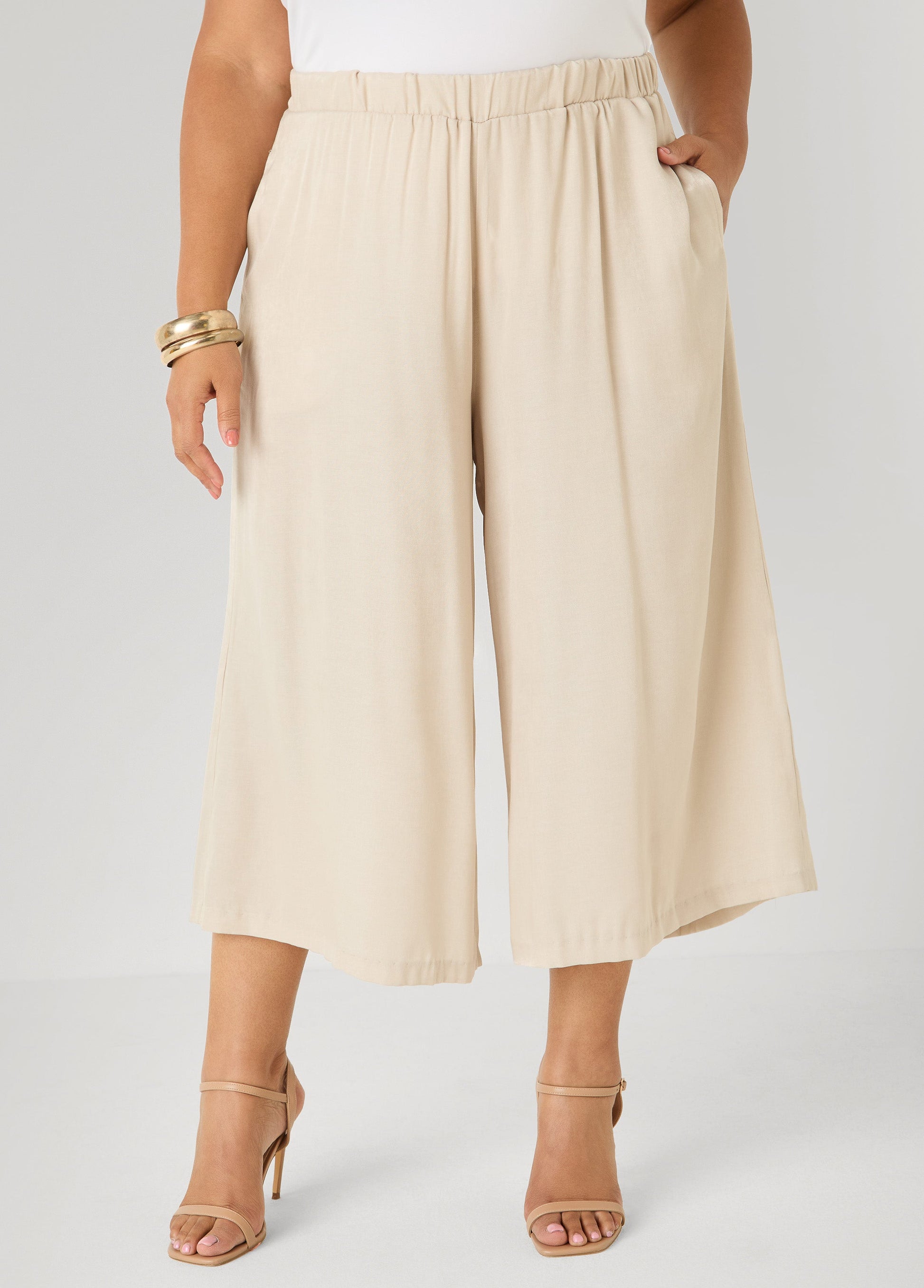 Ashley Stewart Plus Size Wide-Leg Culottes | High-Rise Midi in Sage, Chambray & Beige Indigo