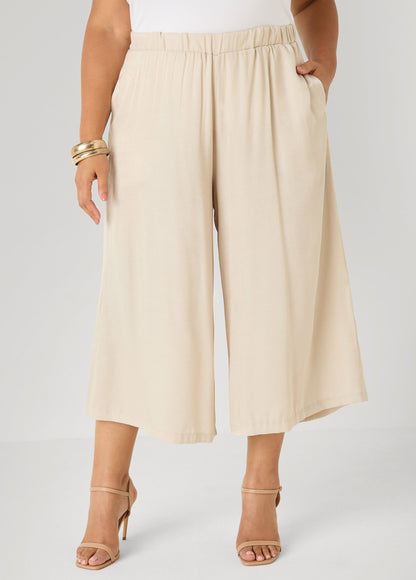 Ashley Stewart Plus Size Wide-Leg Culottes | High-Rise Midi in Sage, Chambray & Beige Indigo