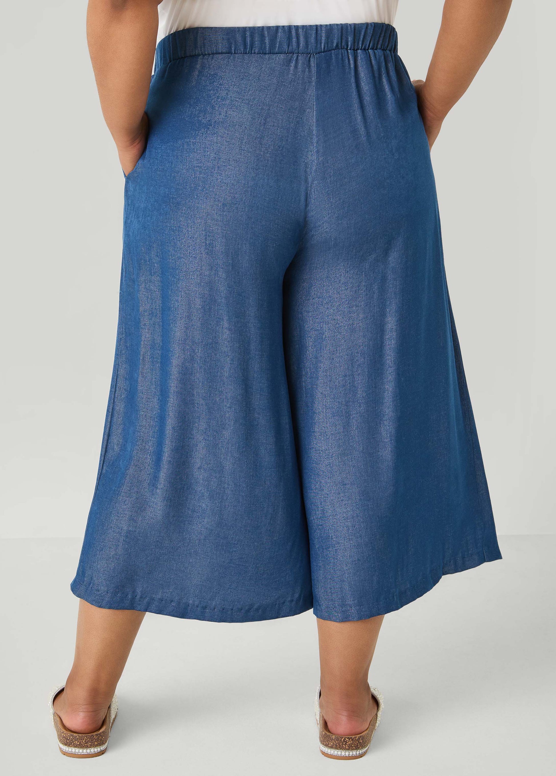 Ashley Stewart Plus Size Wide-Leg Culottes | High-Rise Midi in Sage, Chambray & Beige Indigo
