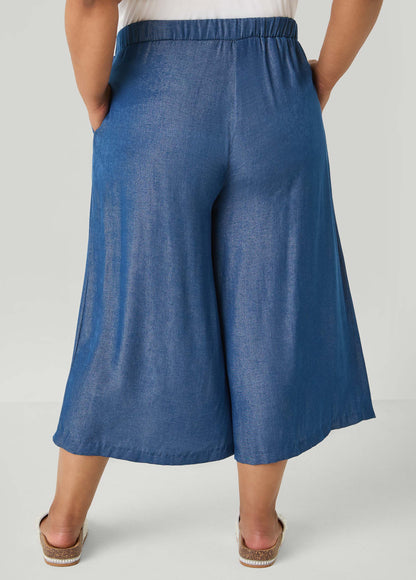 Ashley Stewart Plus Size Wide-Leg Culottes | High-Rise Midi in Sage, Chambray & Beige Indigo
