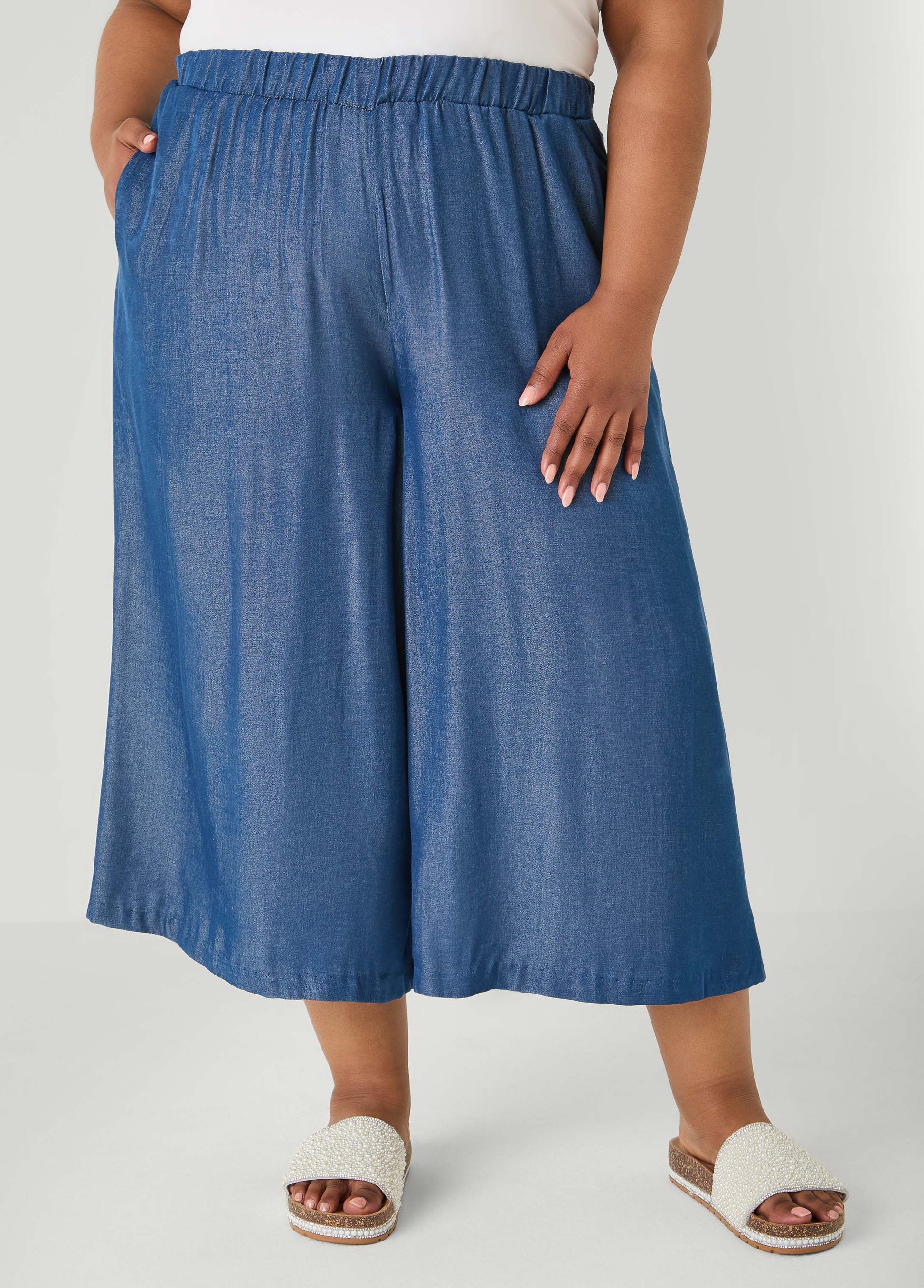 Ashley Stewart Plus Size Wide-Leg Culottes | High-Rise Midi in Sage, Chambray & Beige Indigo