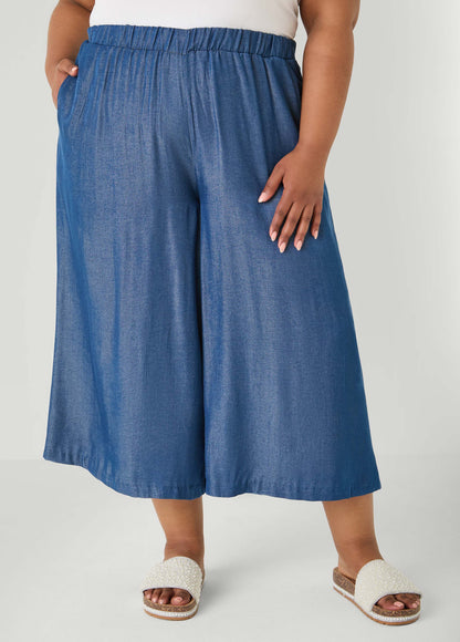 Ashley Stewart Plus Size Wide-Leg Culottes | High-Rise Midi in Sage, Chambray & Beige Indigo