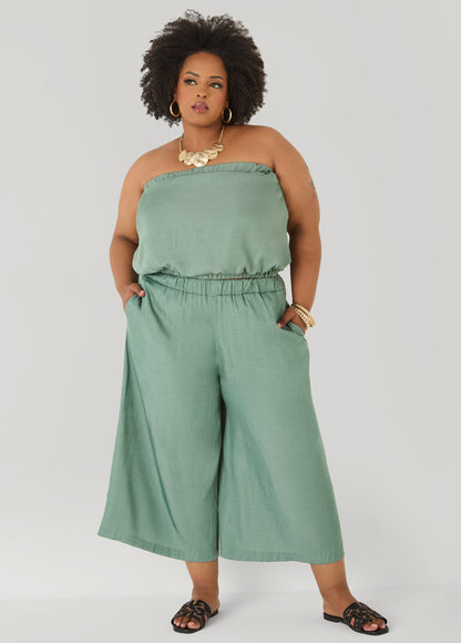 Ashley Stewart Plus Size Wide-Leg Culottes | High-Rise Midi in Sage, Chambray & Beige Indigo