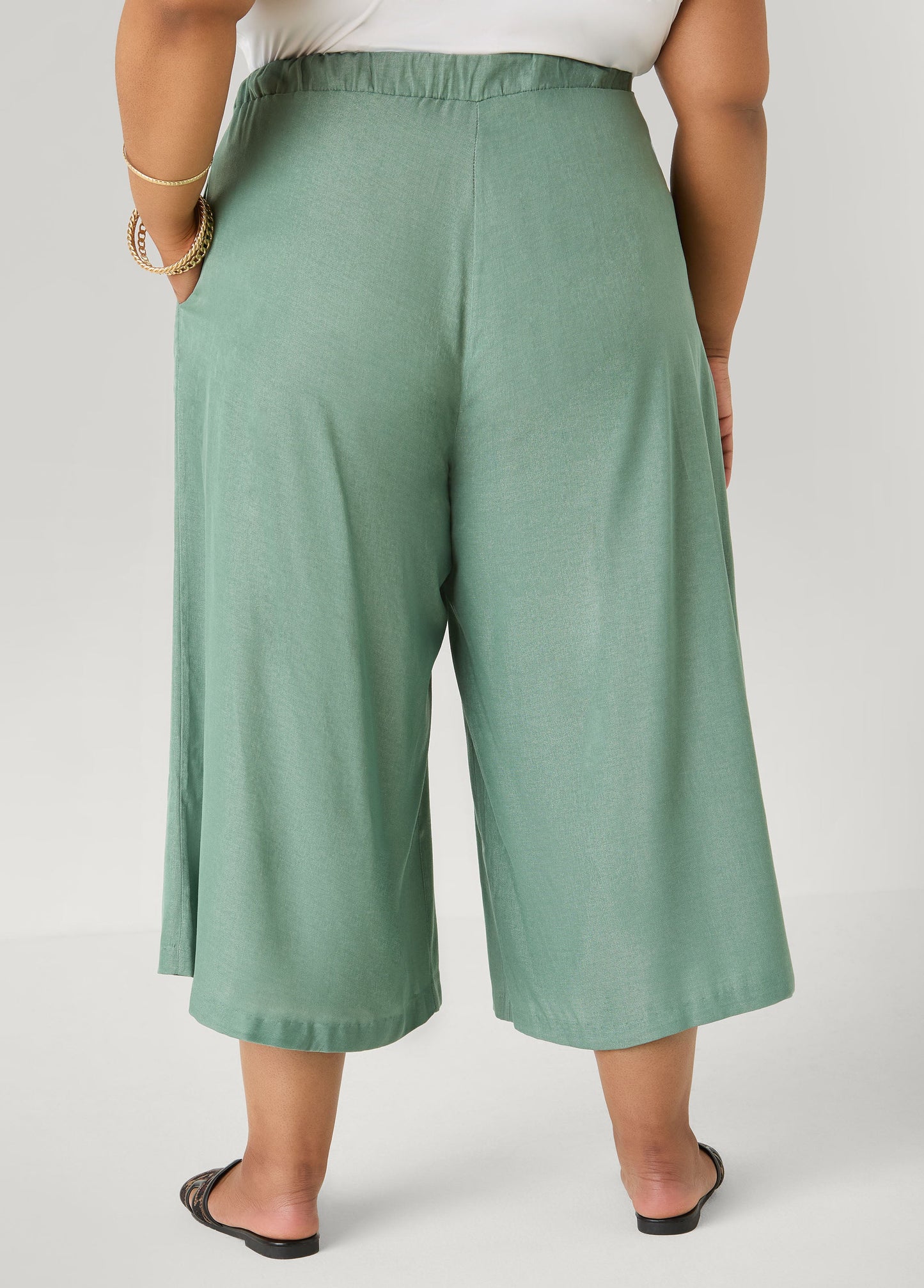 Ashley Stewart Plus Size Wide-Leg Culottes | High-Rise Midi in Sage, Chambray & Beige Indigo