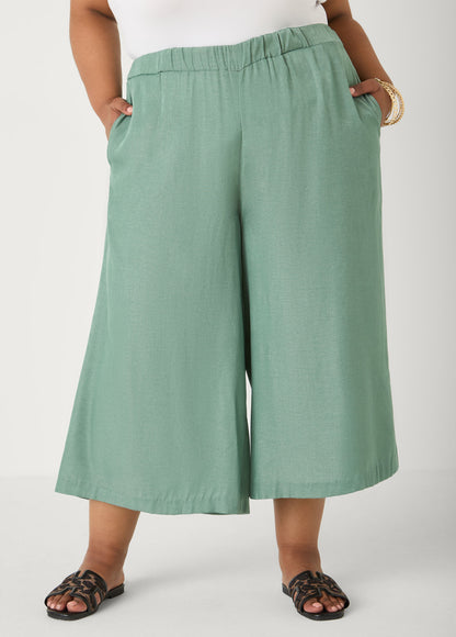 Ashley Stewart Plus Size Wide-Leg Culottes | High-Rise Midi in Sage, Chambray & Beige Indigo