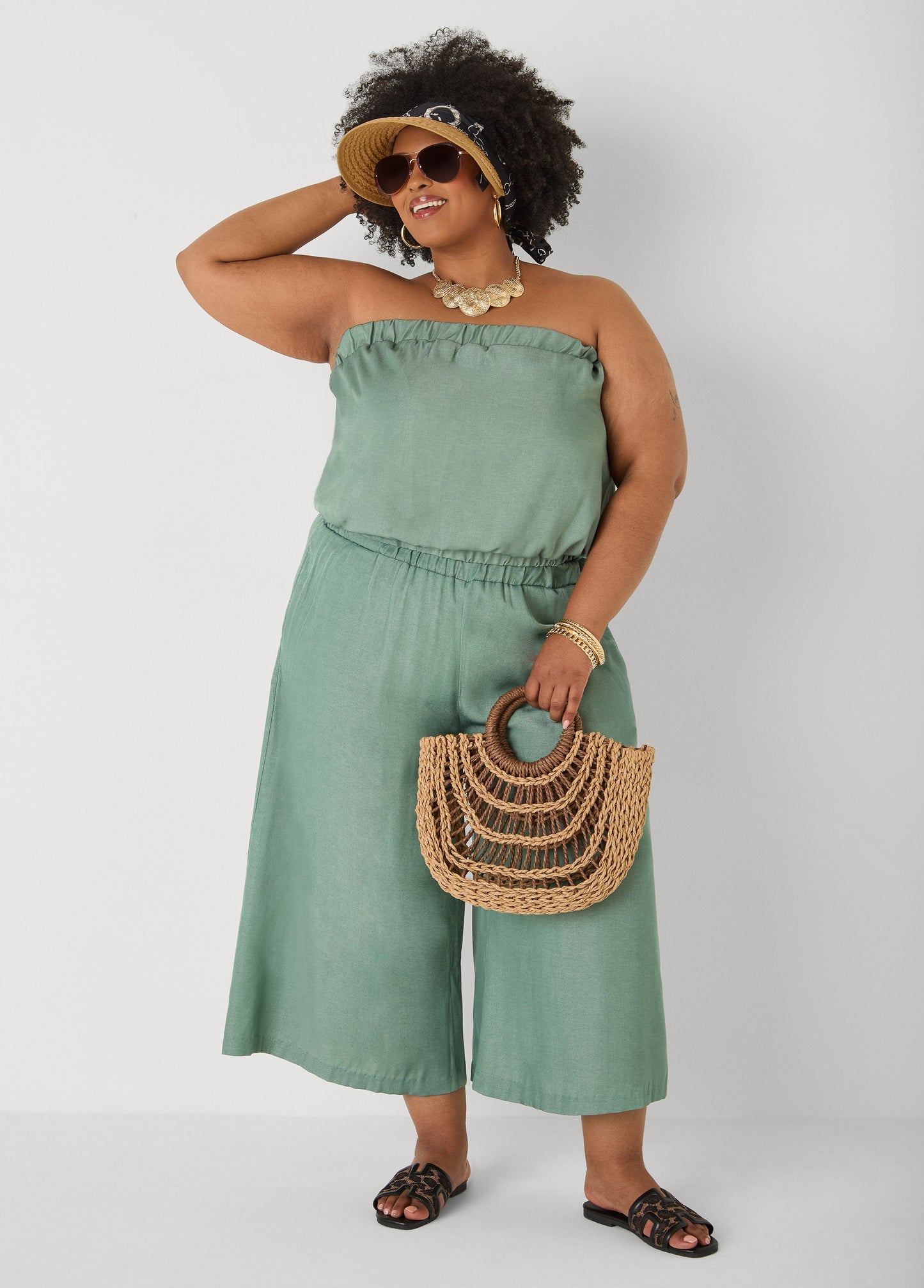 Ashley Stewart Plus Size Wide-Leg Culottes | High-Rise Midi in Sage, Chambray & Beige Indigo