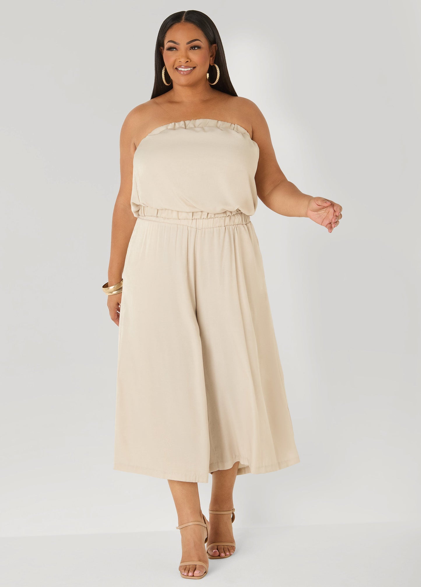Ashley Stewart Plus Size Wide-Leg Culottes | High-Rise Midi in Sage, Chambray & Beige Indigo