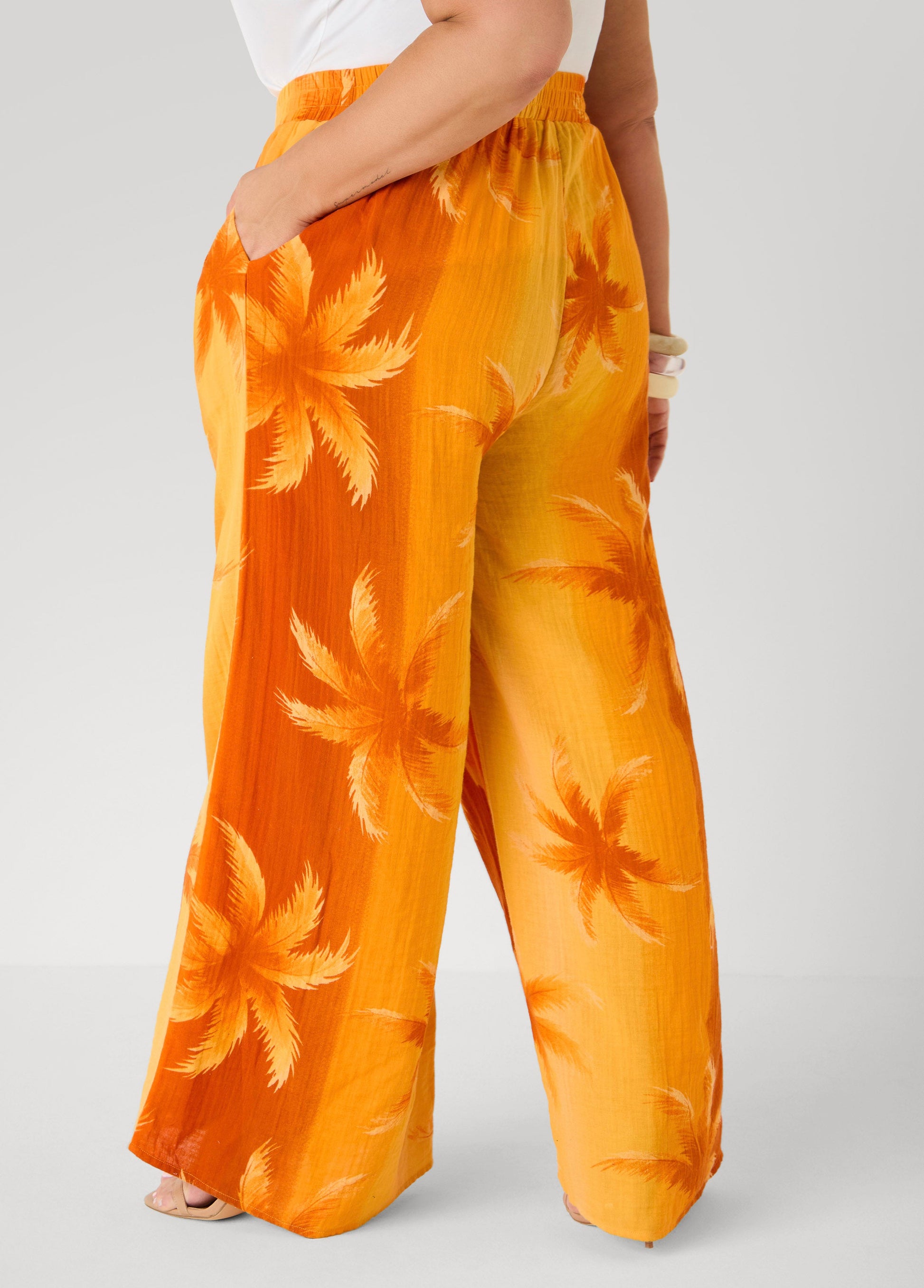 Ashley Stewart Palm Print Cotton Gauze Pants Persimmon Orange