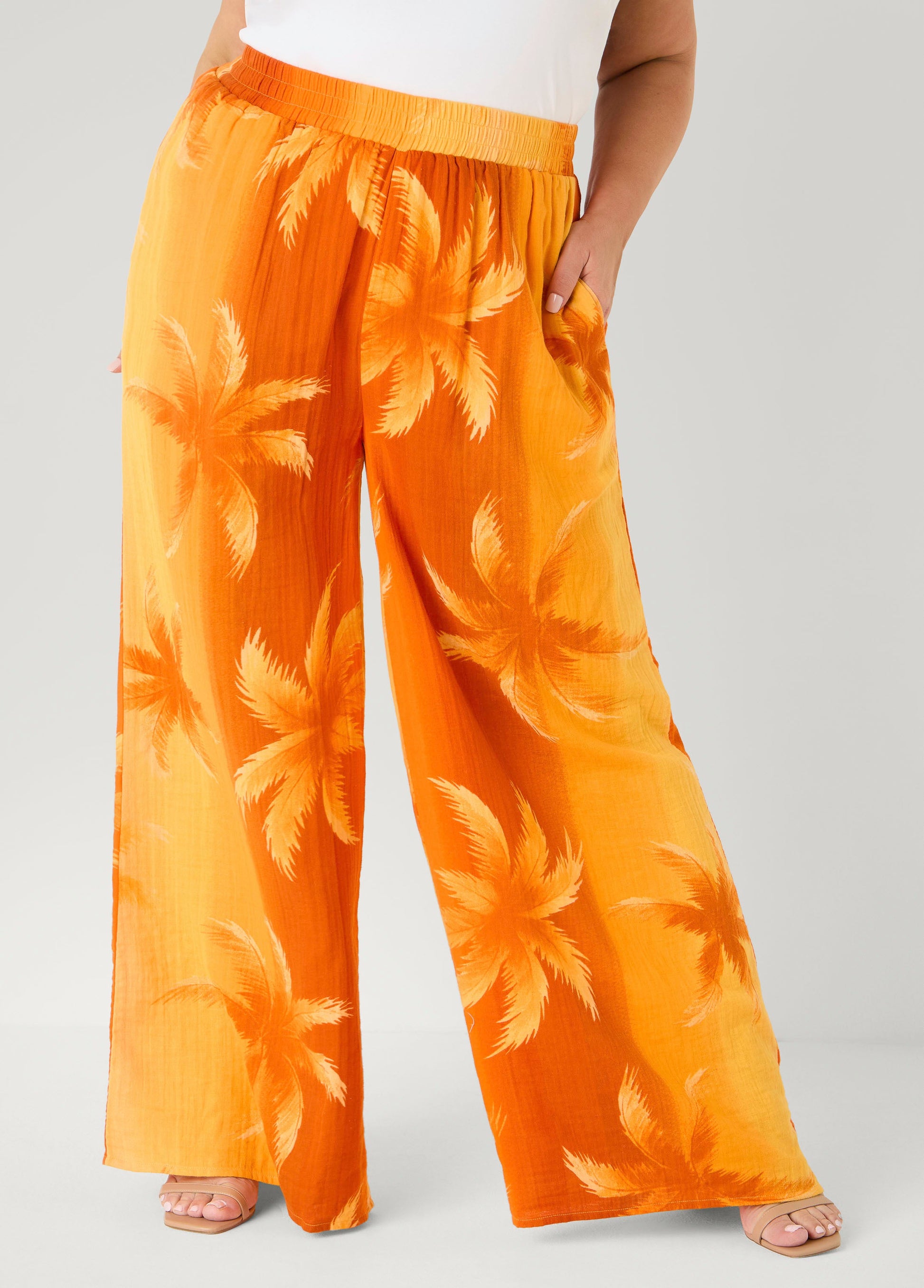 Ashley Stewart Palm Print Cotton Gauze Pants Persimmon Orange