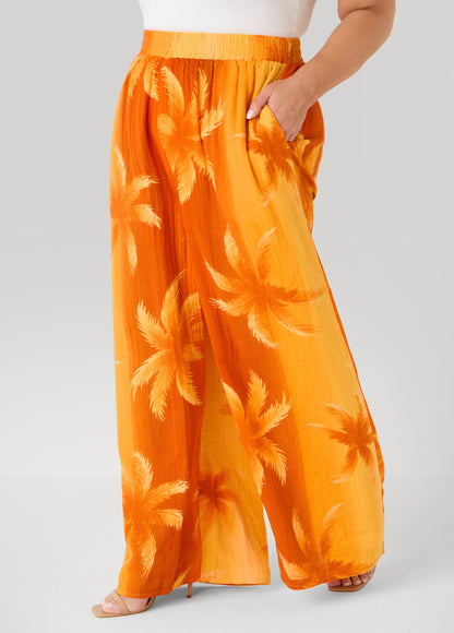 Ashley Stewart Palm Print Cotton Gauze Pants Persimmon Orange