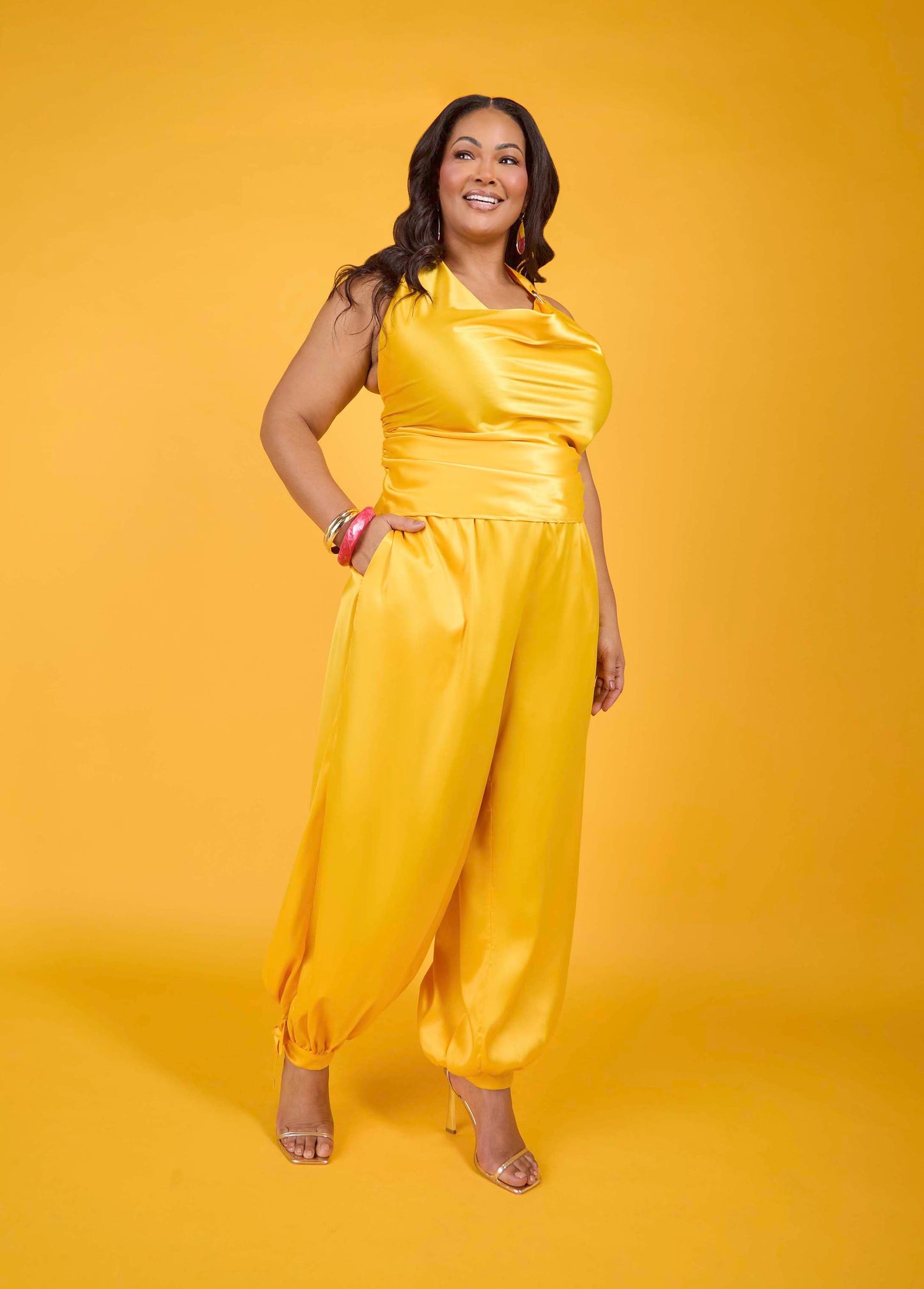 Ashley Stewart Ankle Tie Satin Balloon Pants Spectra Yellow