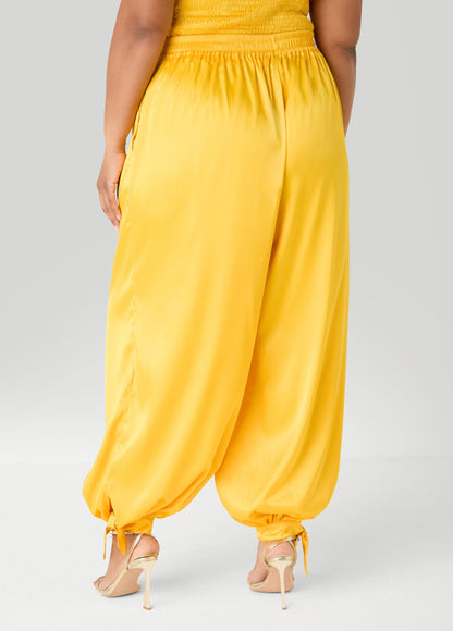 Ashley Stewart Ankle Tie Satin Balloon Pants Spectra Yellow