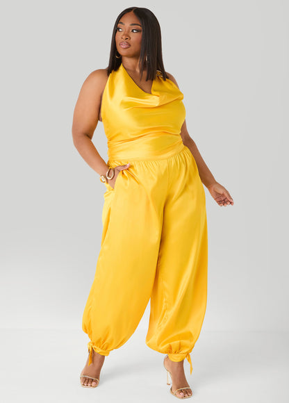 Ashley Stewart Ankle Tie Satin Balloon Pants Spectra Yellow