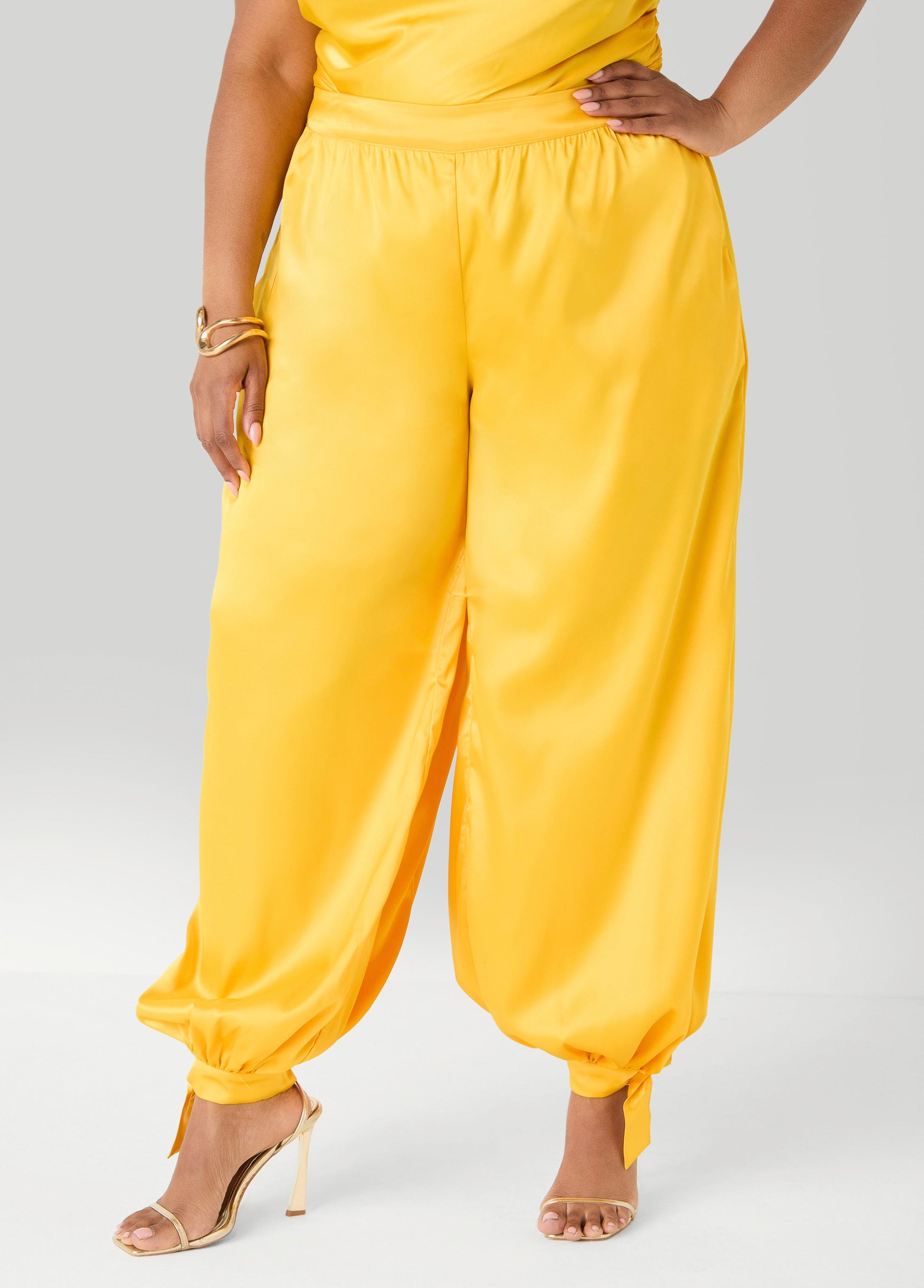 Ashley Stewart Ankle Tie Satin Balloon Pants Spectra Yellow