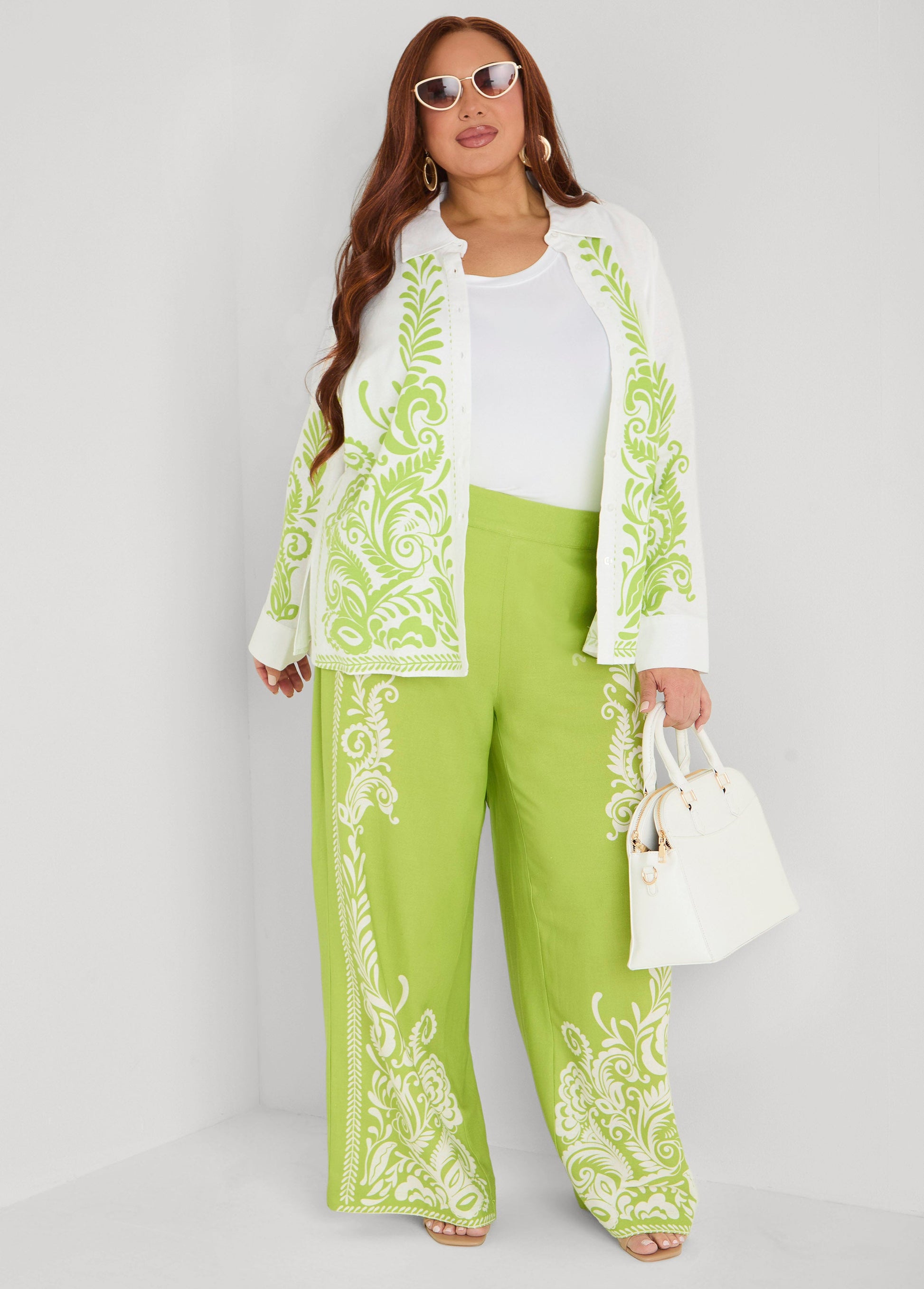 Ashley Stewart Leaf Print Linen Blend Pants Macaw Green