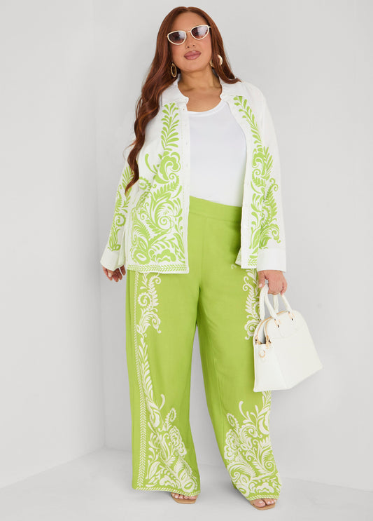 Ashley Stewart Leaf Print Linen Blend Pants Macaw Green