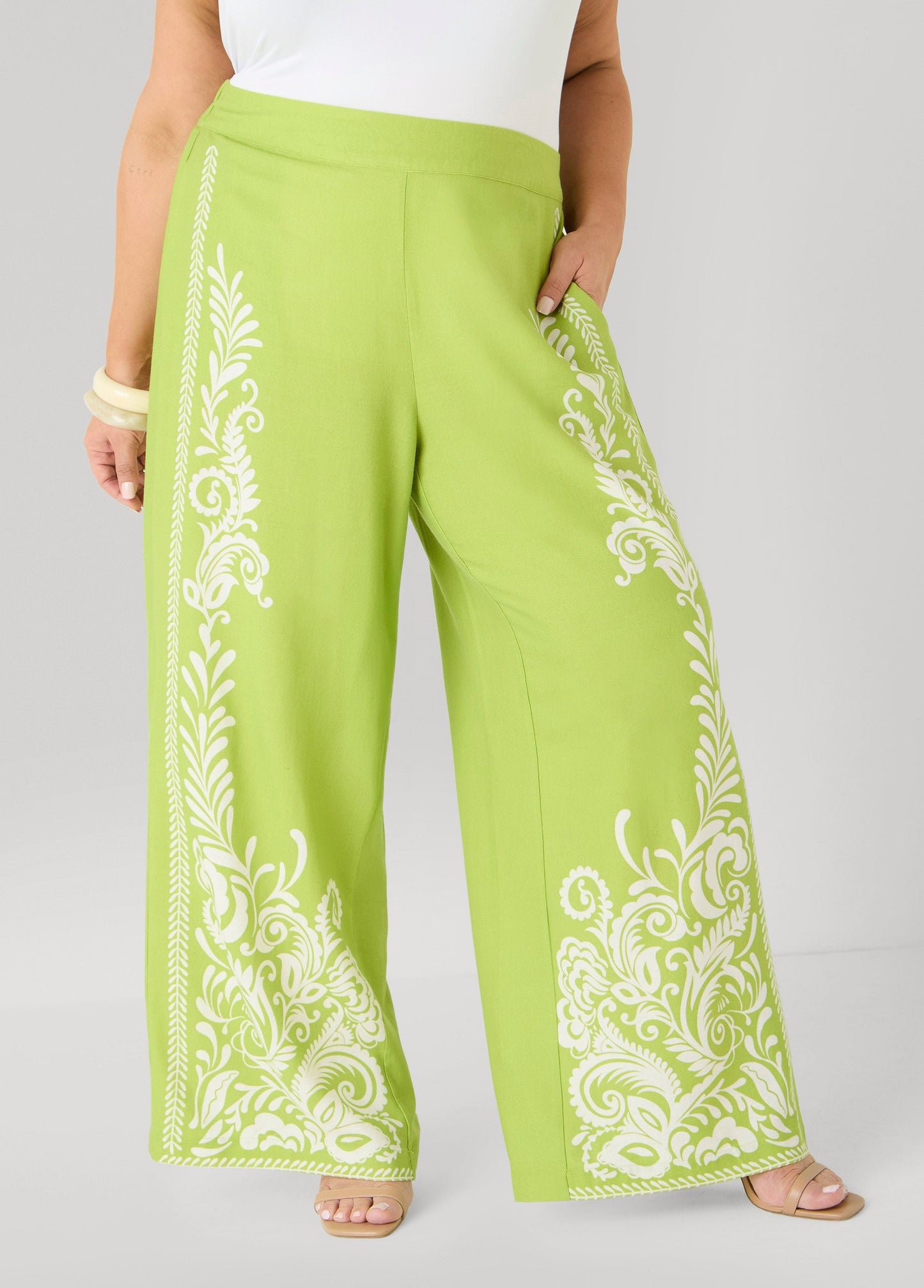 Ashley Stewart Leaf Print Linen Blend Pants Macaw Green