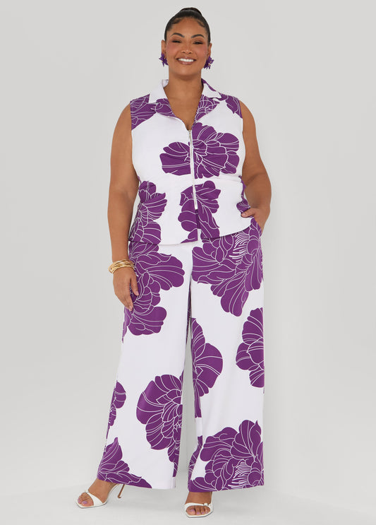 Ashley Stewart Floral Print Wide Leg Pants Pansy