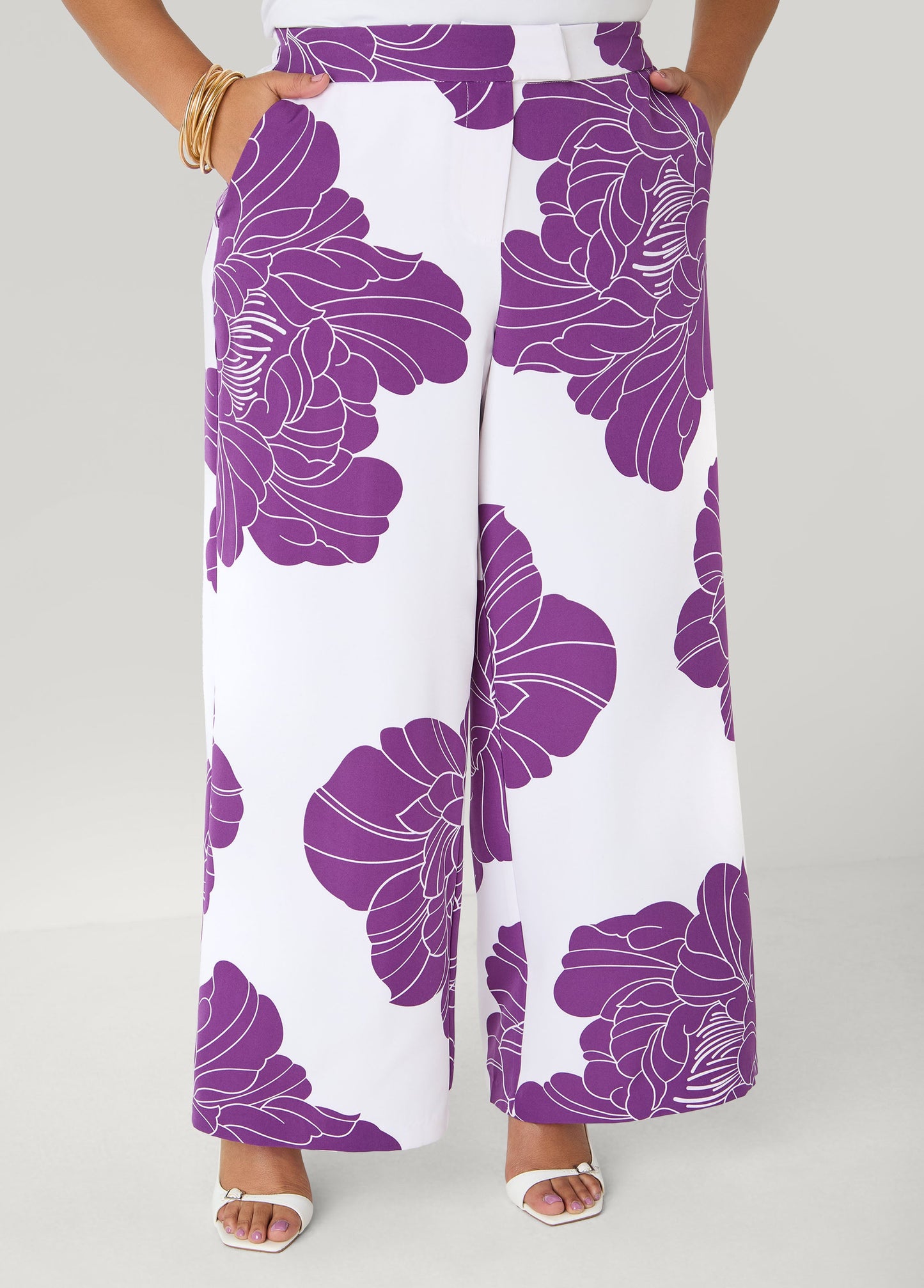 Ashley Stewart Floral Print Wide Leg Pants Pansy