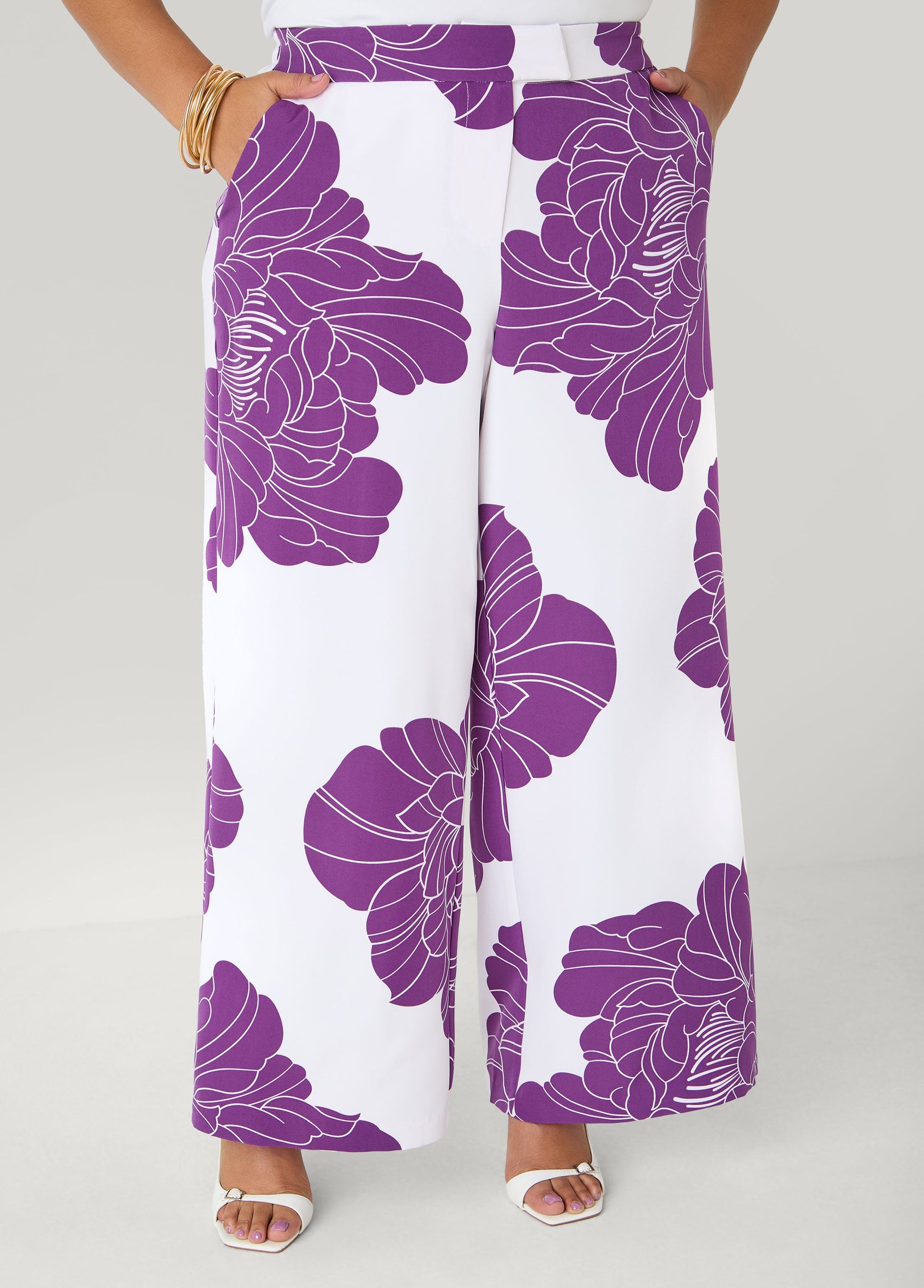 Ashley Stewart Floral Print Wide Leg Pants Pansy