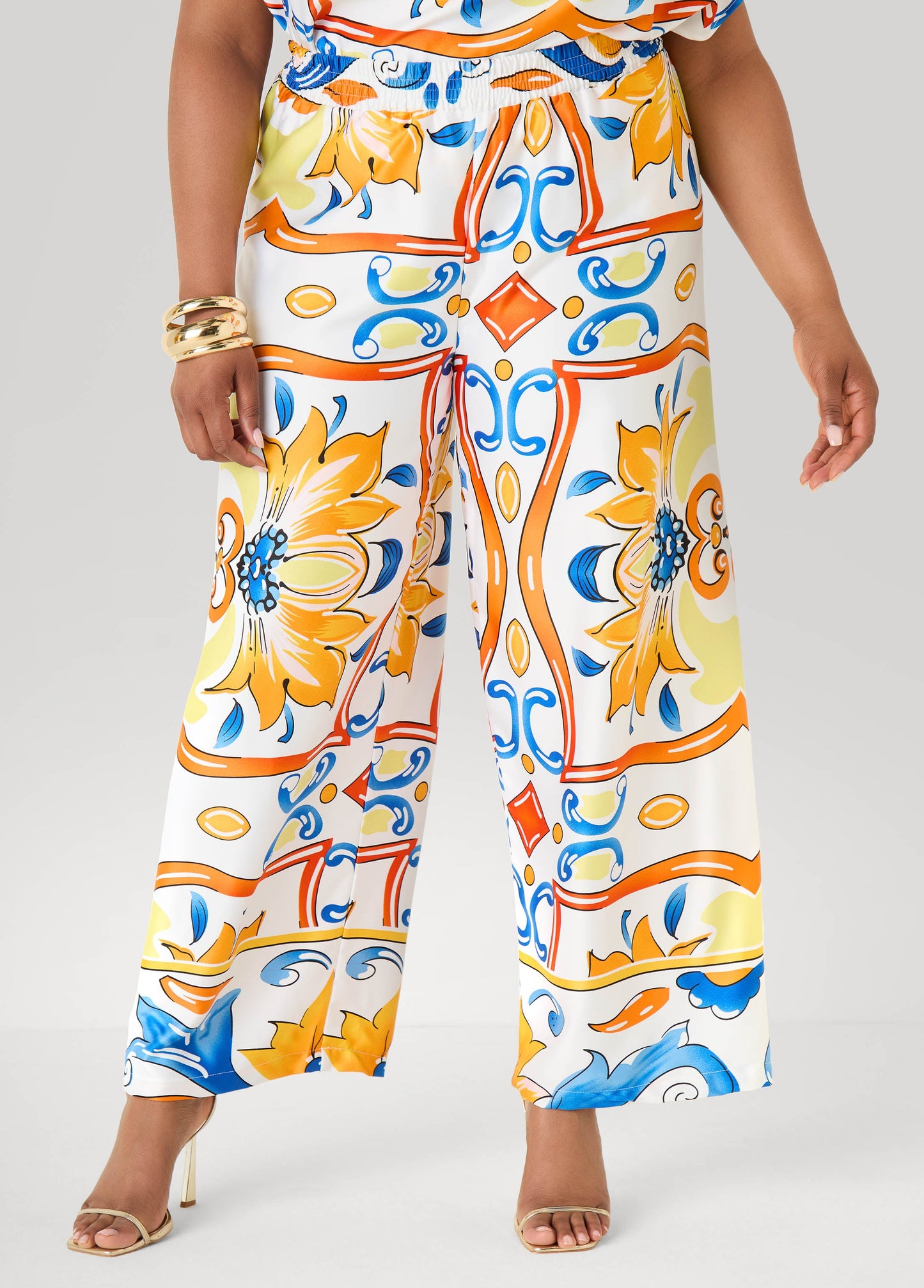 Ashley Stewart Floral Satin Wide Leg Pants White