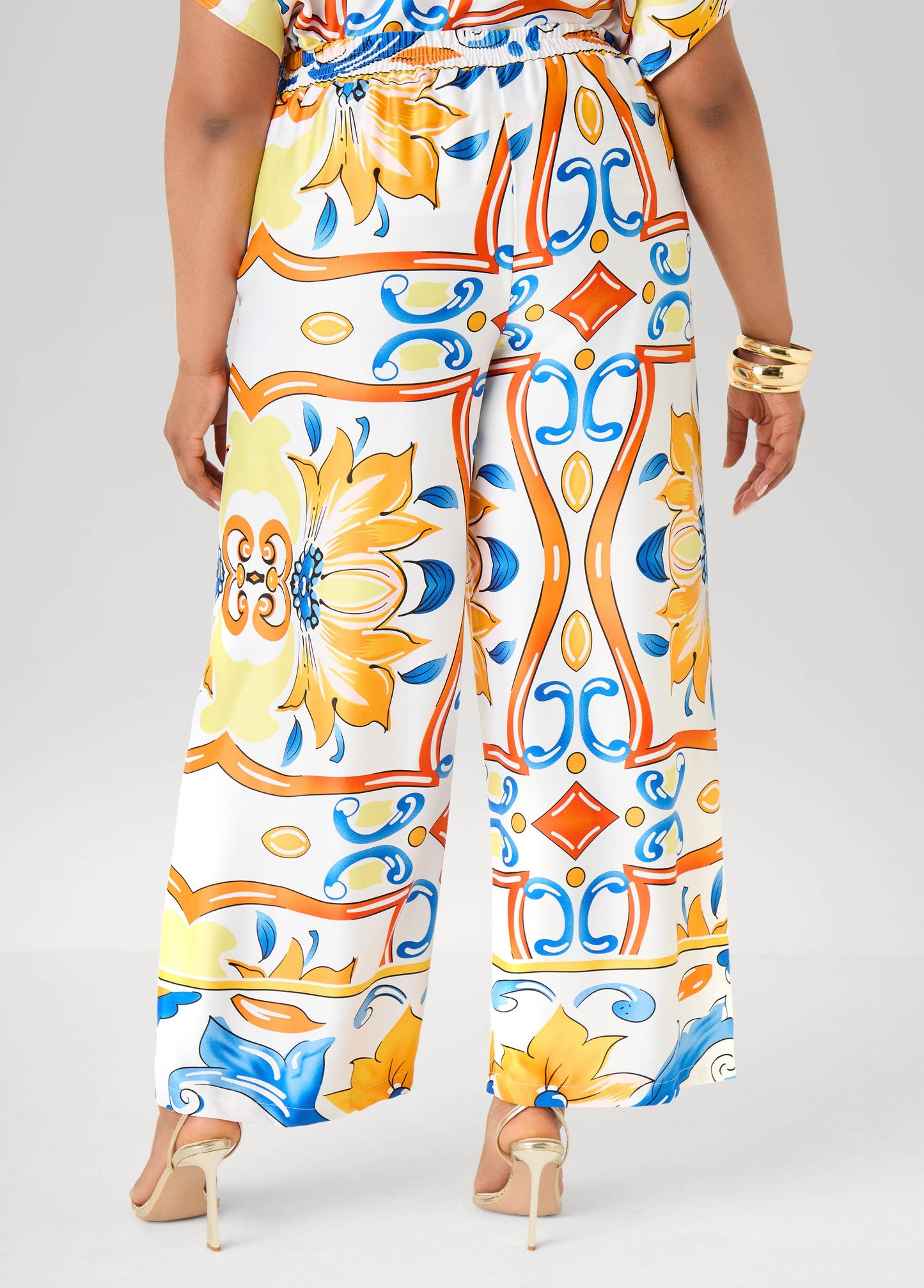 Ashley Stewart Floral Satin Wide Leg Pants White