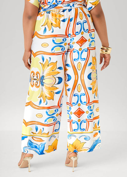 Ashley Stewart Floral Satin Wide Leg Pants White